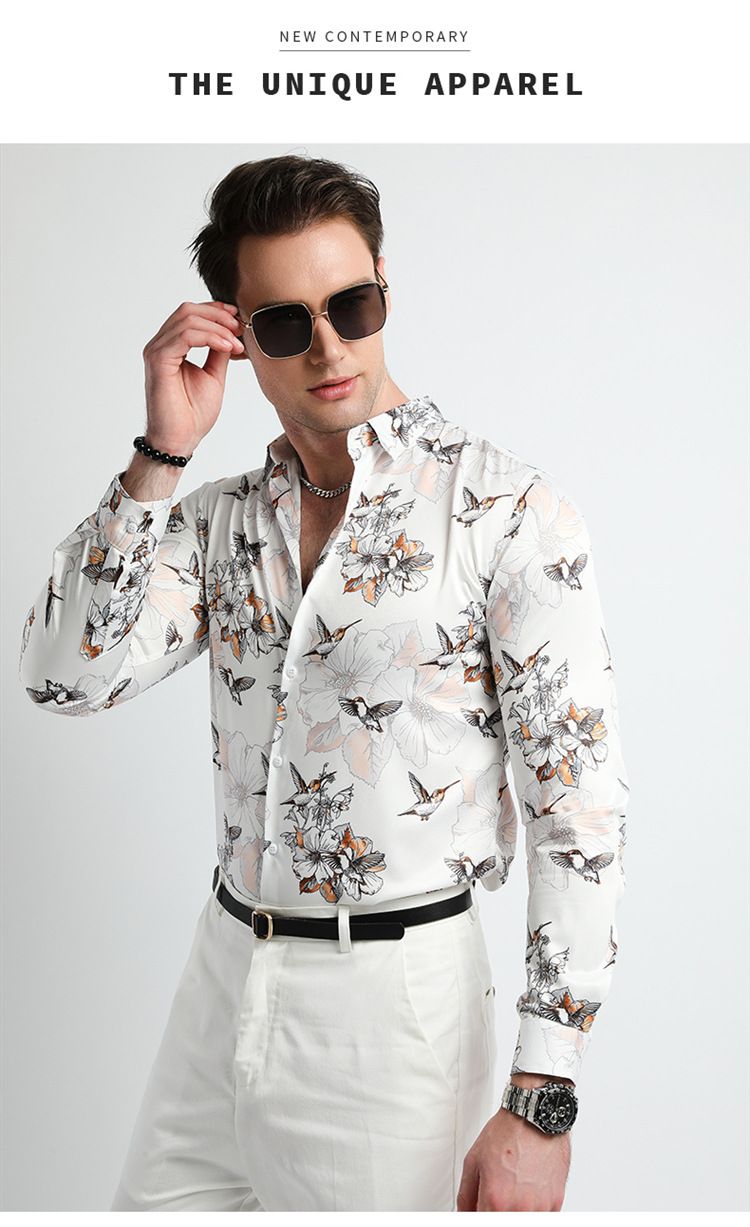 Men Clothes,Men's Slim Fitted Floral Work Vintage Printed Business Compression Office Hawaiian Long Sleeve Dress Shirts For Men