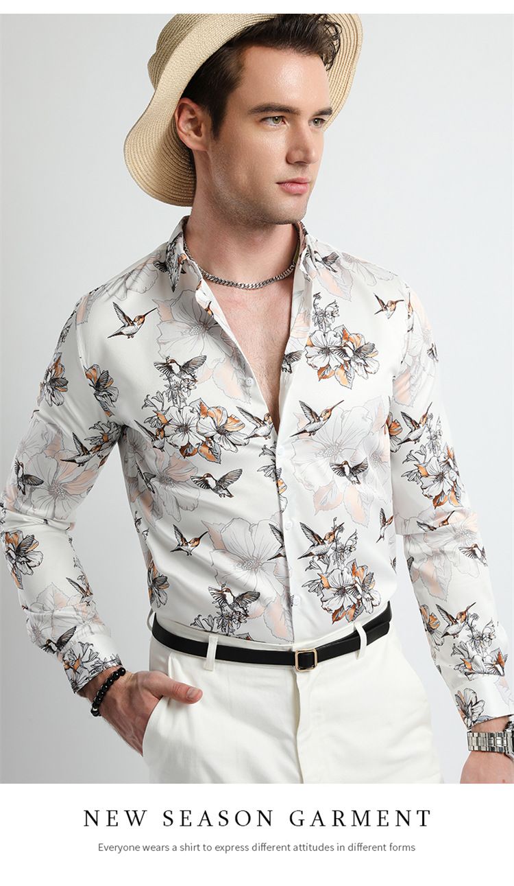 Men Clothes,Men's Slim Fitted Floral Work Vintage Printed Business Compression Office Hawaiian Long Sleeve Dress Shirts For Men