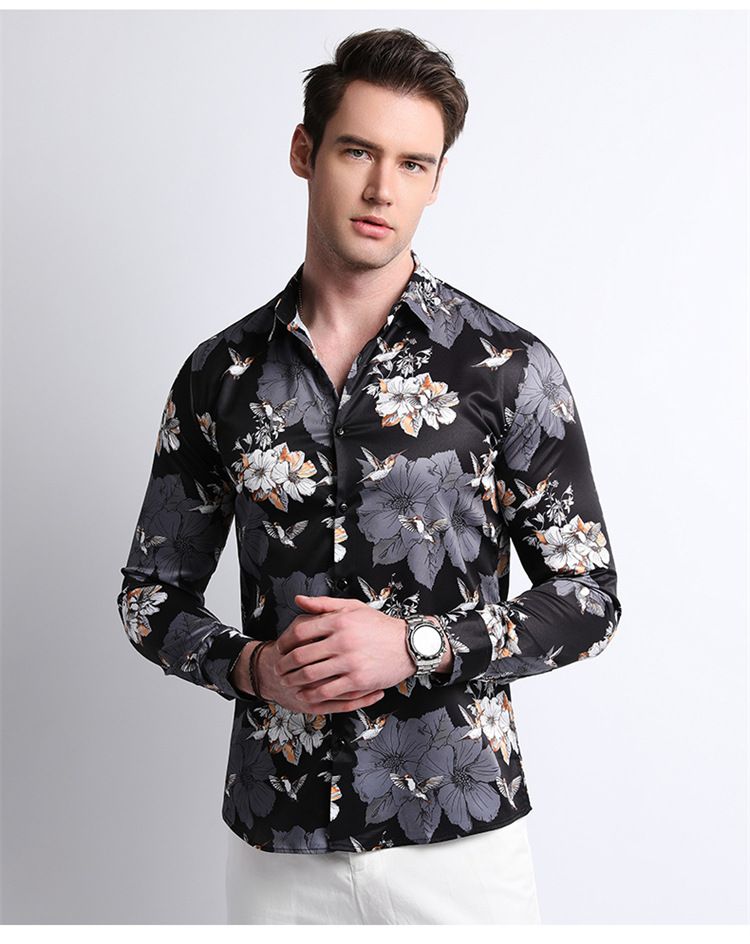 Men Clothes,Men's Slim Fitted Floral Work Vintage Printed Business Compression Office Hawaiian Long Sleeve Dress Shirts For Men