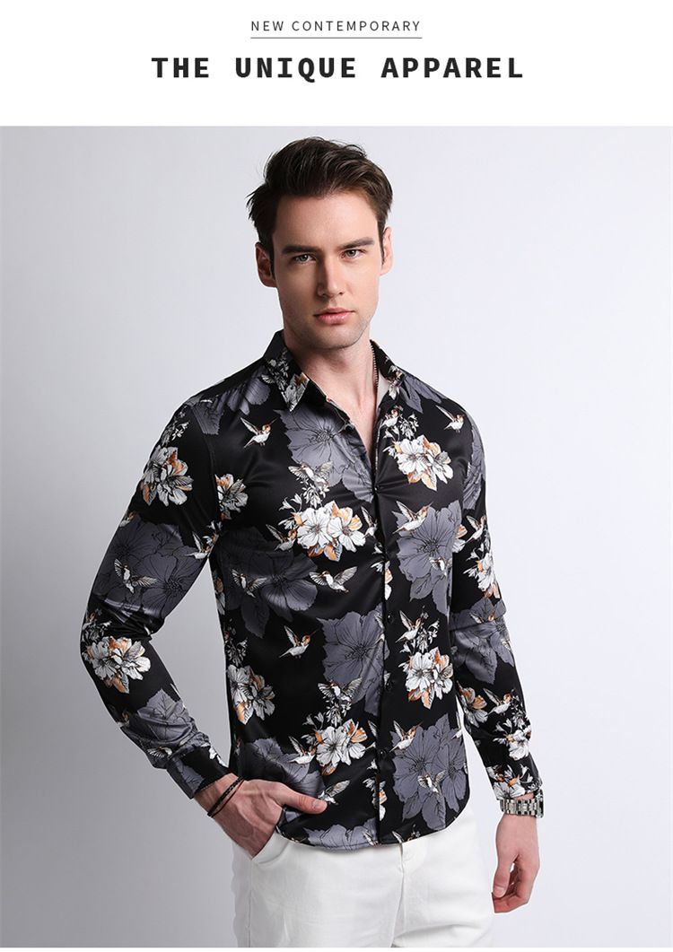Men Clothes,Men's Slim Fitted Floral Work Vintage Printed Business Compression Office Hawaiian Long Sleeve Dress Shirts For Men