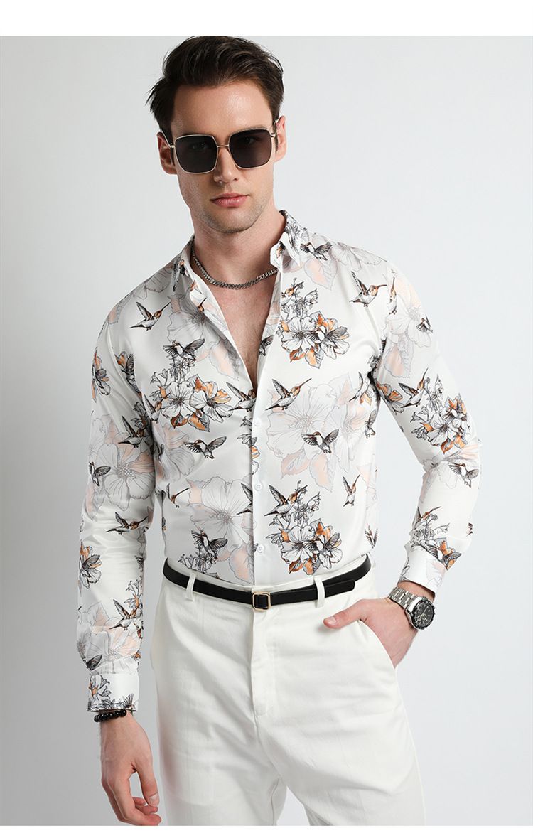 Men Clothes,Men's Slim Fitted Floral Work Vintage Printed Business Compression Office Hawaiian Long Sleeve Dress Shirts For Men