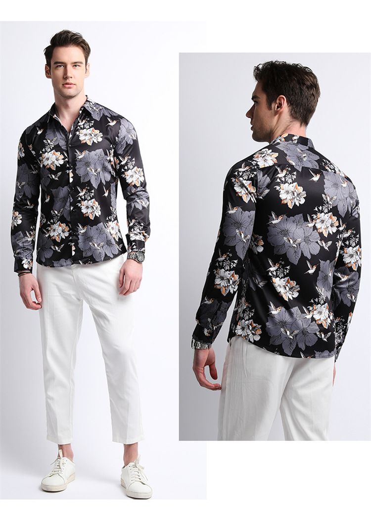 Men Clothes,Men's Slim Fitted Floral Work Vintage Printed Business Compression Office Hawaiian Long Sleeve Dress Shirts For Men