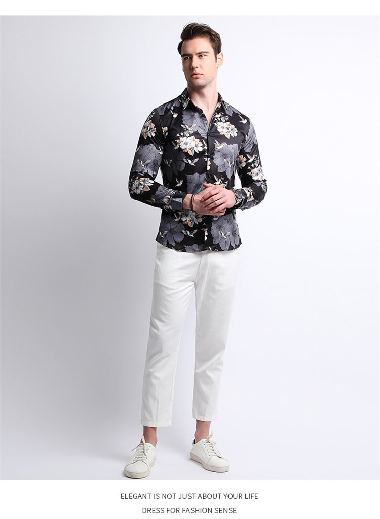 Men Clothes,Men's Slim Fitted Floral Work Vintage Printed Business Compression Office Hawaiian Long Sleeve Dress Shirts For Men
