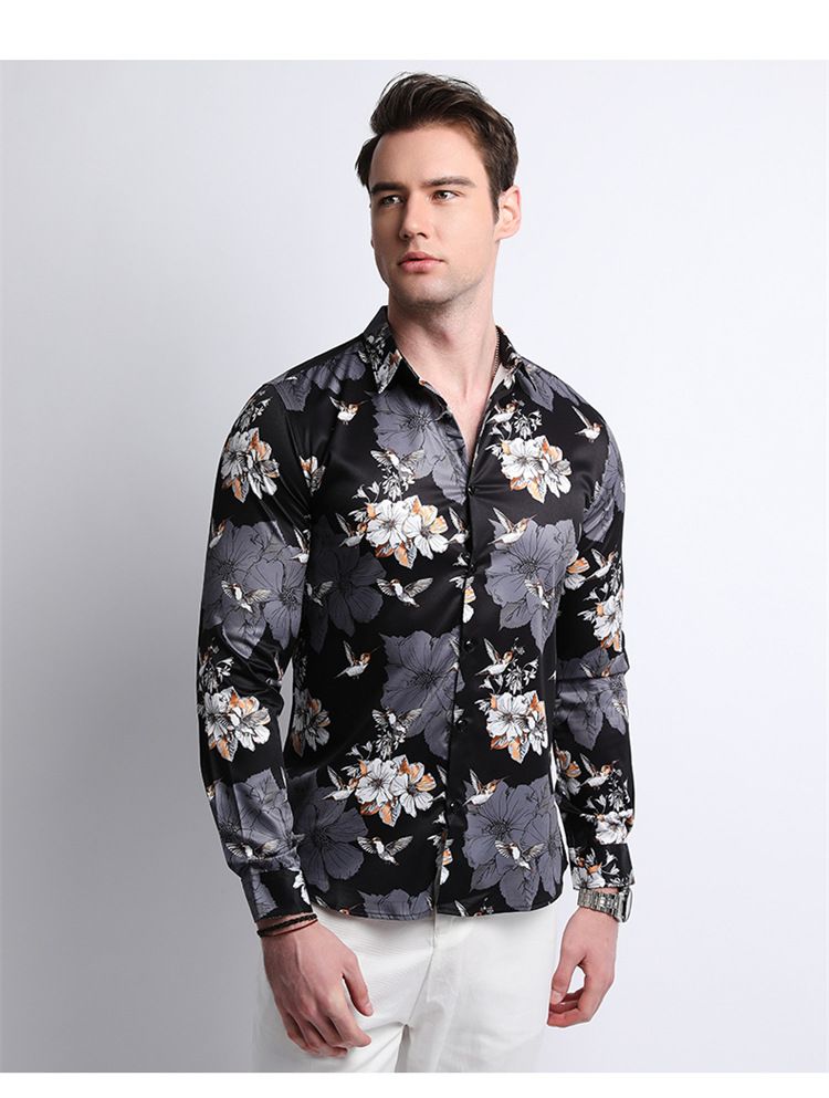 Men Clothes,Men's Slim Fitted Floral Work Vintage Printed Business Compression Office Hawaiian Long Sleeve Dress Shirts For Men