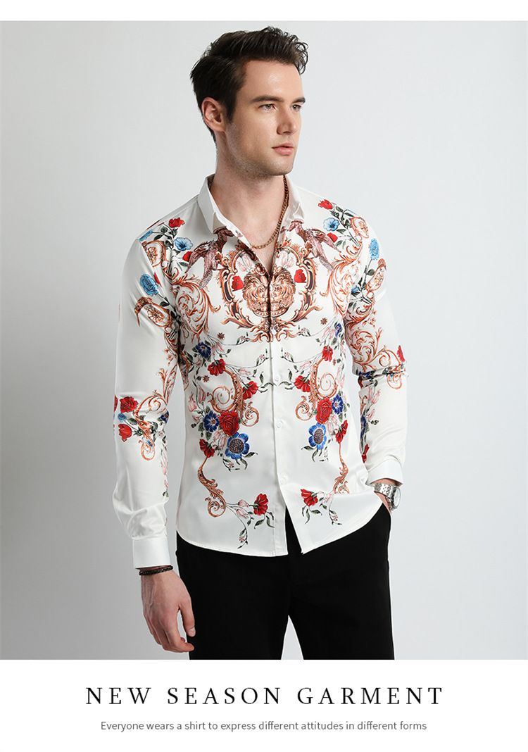 Men Clothes,Men's Slim Fitted Floral Work Vintage Printed Business Compression Office Hawaiian Long Sleeve Dress Shirts For Men