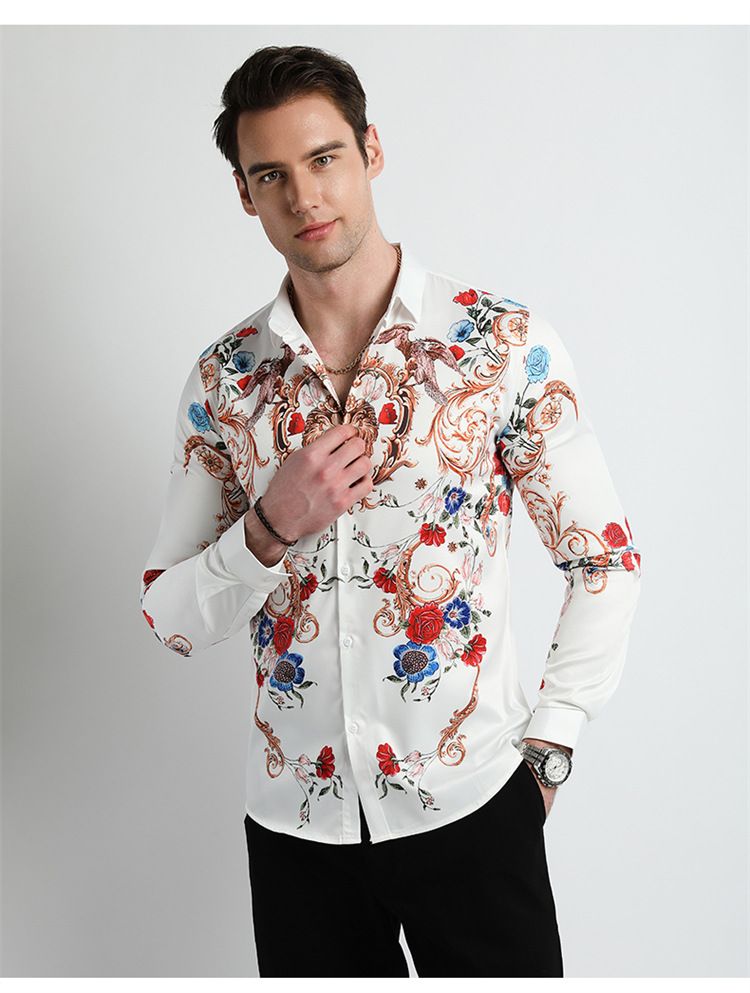 Men Clothes,Men's Slim Fitted Floral Work Vintage Printed Business Compression Office Hawaiian Long Sleeve Dress Shirts For Men