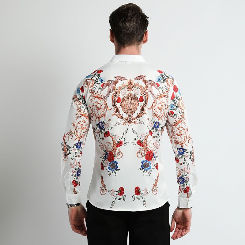 Men Clothes,Men's Slim Fitted Floral Work Vintage Printed Business Compression Office Hawaiian Long Sleeve Dress Shirts For Men