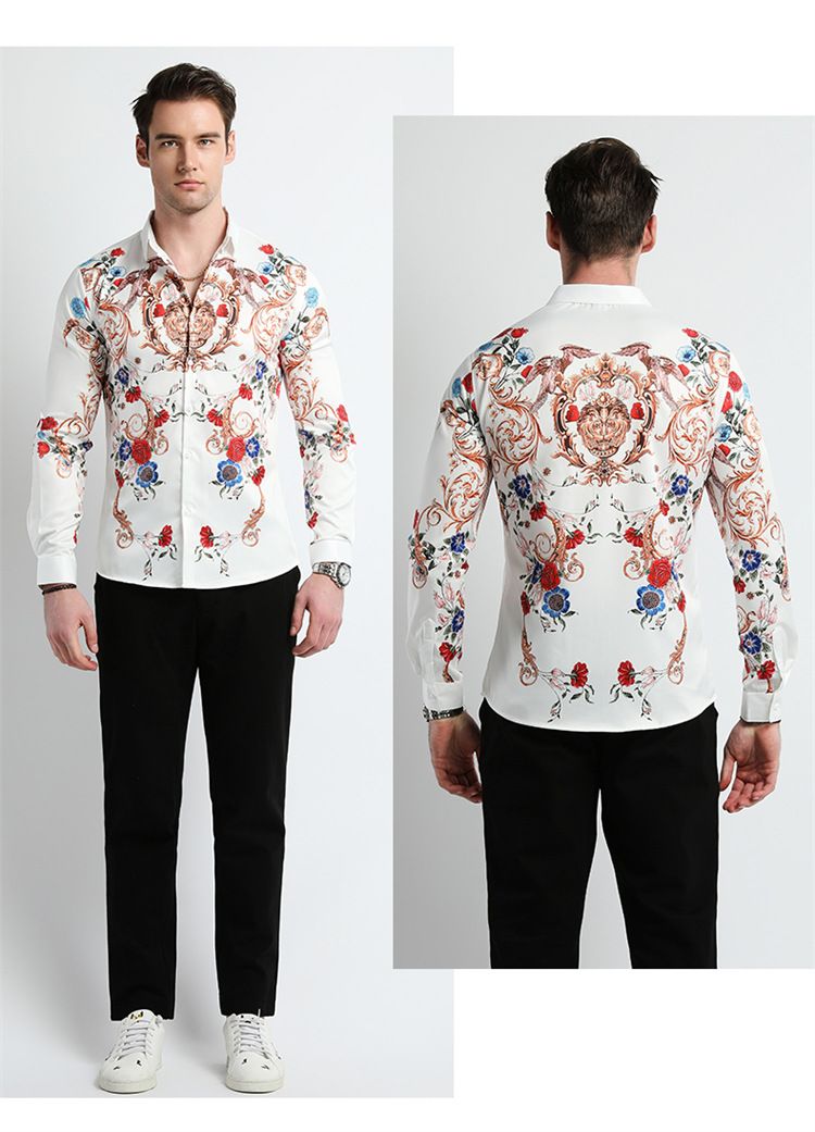 Men Clothes,Men's Slim Fitted Floral Work Vintage Printed Business Compression Office Hawaiian Long Sleeve Dress Shirts For Men