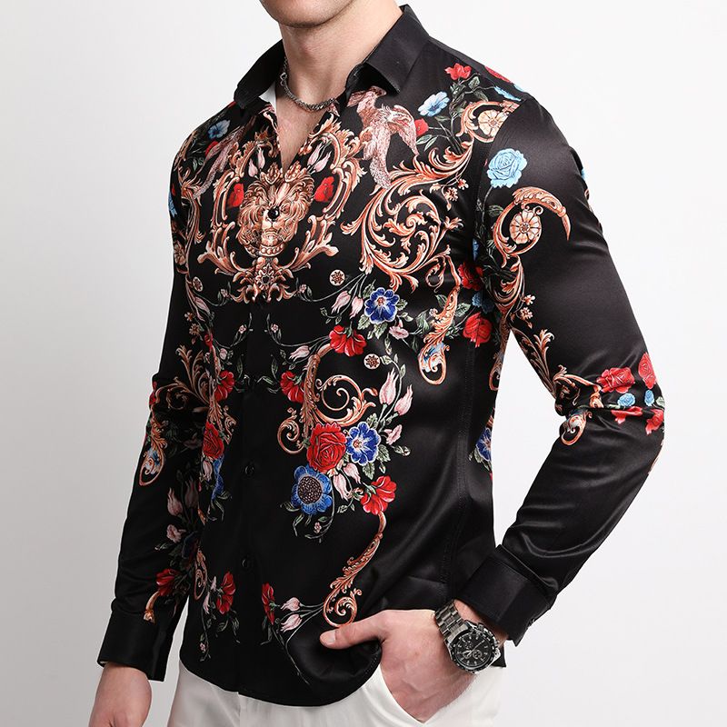 Men Clothes,Men's Slim Fitted Floral Work Vintage Printed Business Compression Office Hawaiian Long Sleeve Dress Shirts For Men