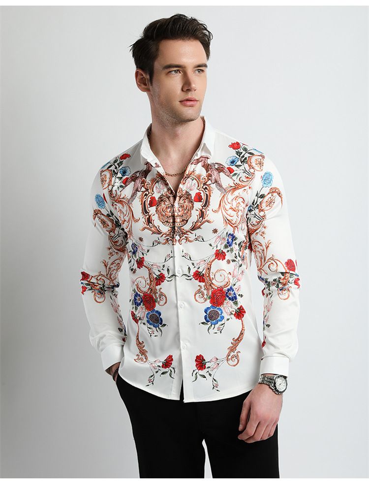 Men Clothes,Men's Slim Fitted Floral Work Vintage Printed Business Compression Office Hawaiian Long Sleeve Dress Shirts For Men