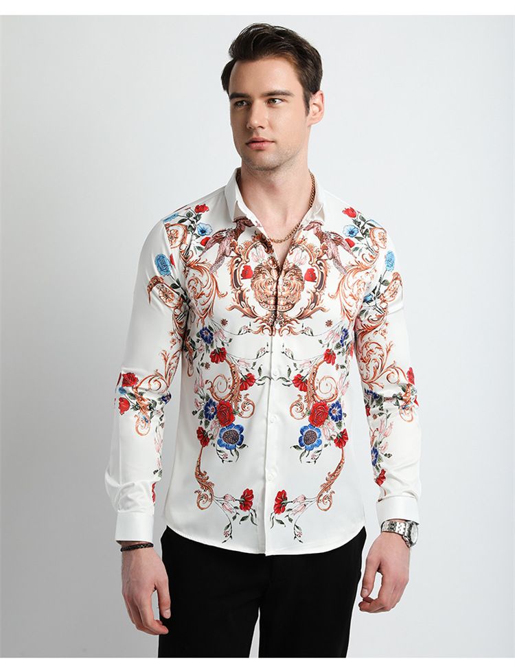 Men Clothes,Men's Slim Fitted Floral Work Vintage Printed Business Compression Office Hawaiian Long Sleeve Dress Shirts For Men