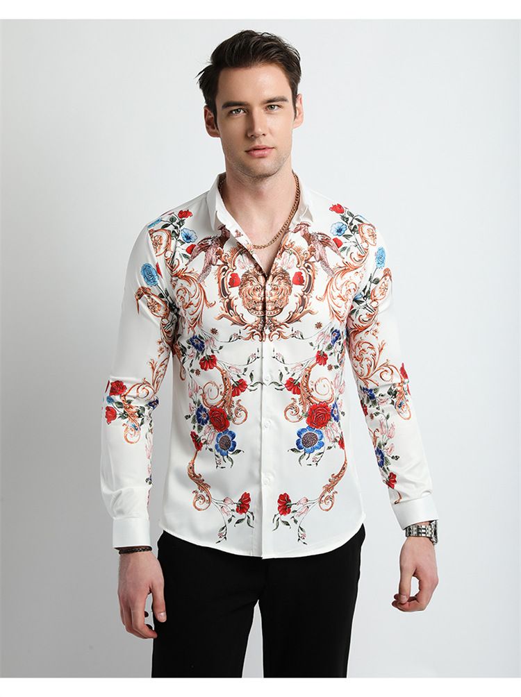 Men Clothes,Men's Slim Fitted Floral Work Vintage Printed Business Compression Office Hawaiian Long Sleeve Dress Shirts For Men