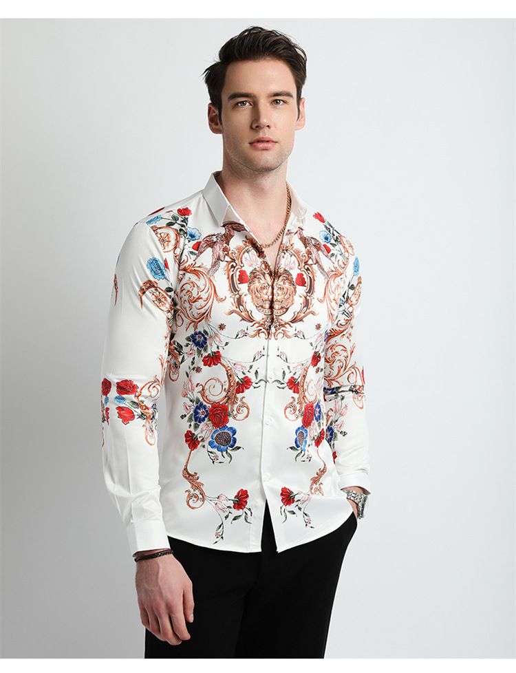 Men Clothes,Men's Slim Fitted Floral Work Vintage Printed Business Compression Office Hawaiian Long Sleeve Dress Shirts For Men