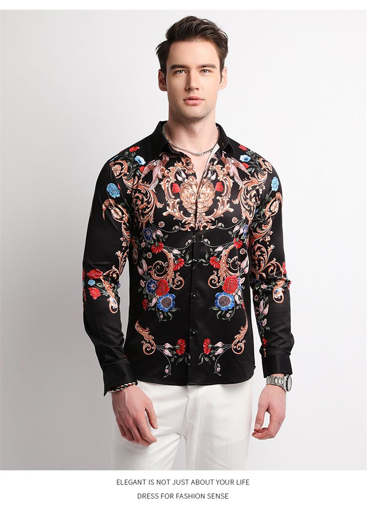 Men Clothes,Men's Slim Fitted Floral Work Vintage Printed Business Compression Office Hawaiian Long Sleeve Dress Shirts For Men