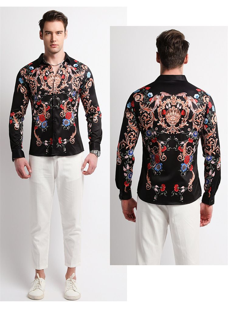 Men Clothes,Men's Slim Fitted Floral Work Vintage Printed Business Compression Office Hawaiian Long Sleeve Dress Shirts For Men