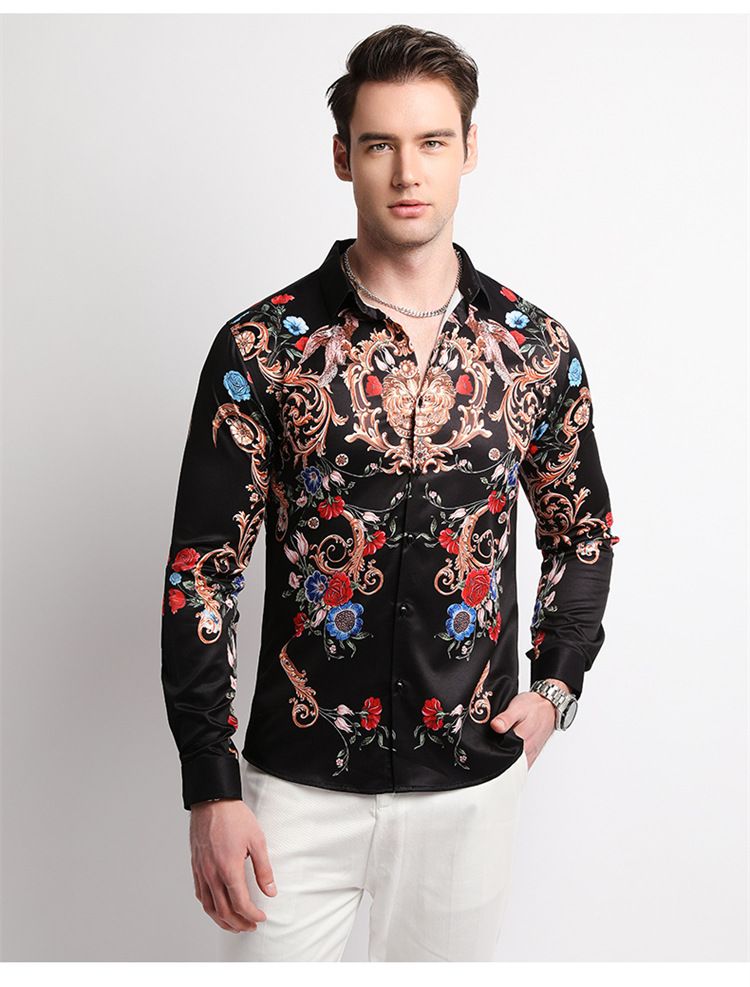 Men Clothes,Men's Slim Fitted Floral Work Vintage Printed Business Compression Office Hawaiian Long Sleeve Dress Shirts For Men