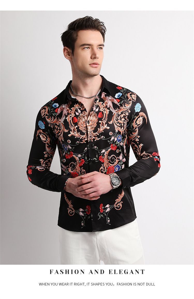 Men Clothes,Men's Slim Fitted Floral Work Vintage Printed Business Compression Office Hawaiian Long Sleeve Dress Shirts For Men