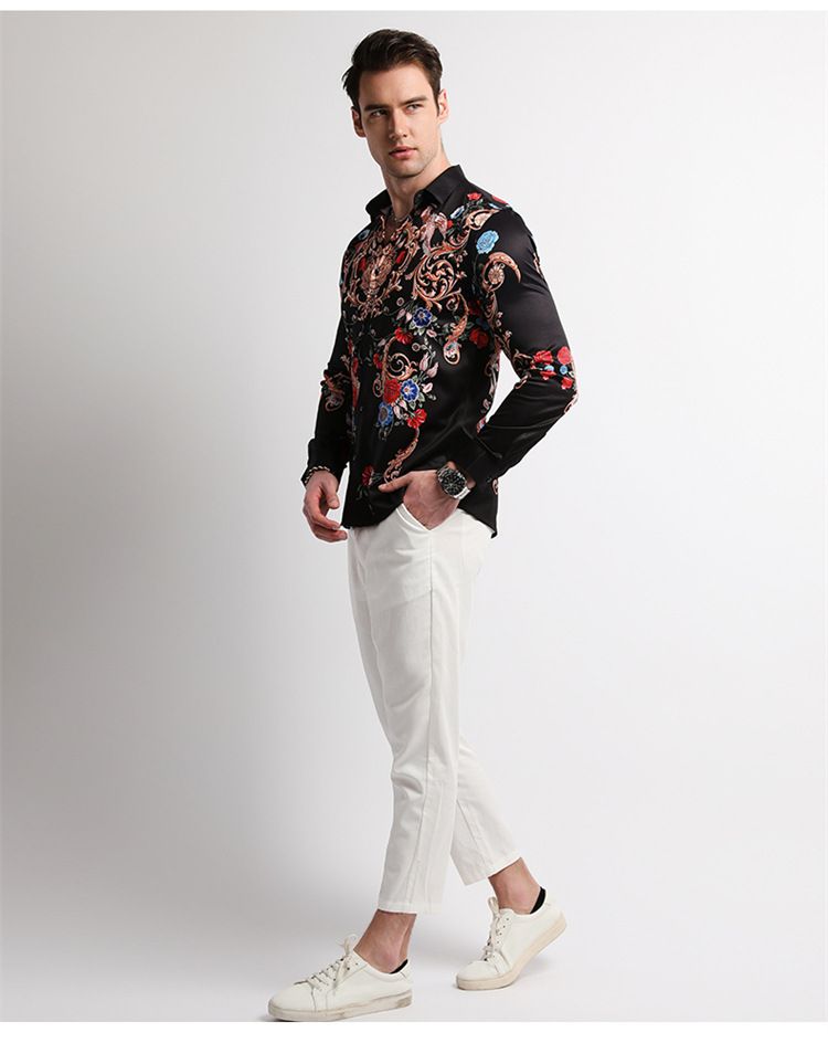 Men Clothes,Men's Slim Fitted Floral Work Vintage Printed Business Compression Office Hawaiian Long Sleeve Dress Shirts For Men