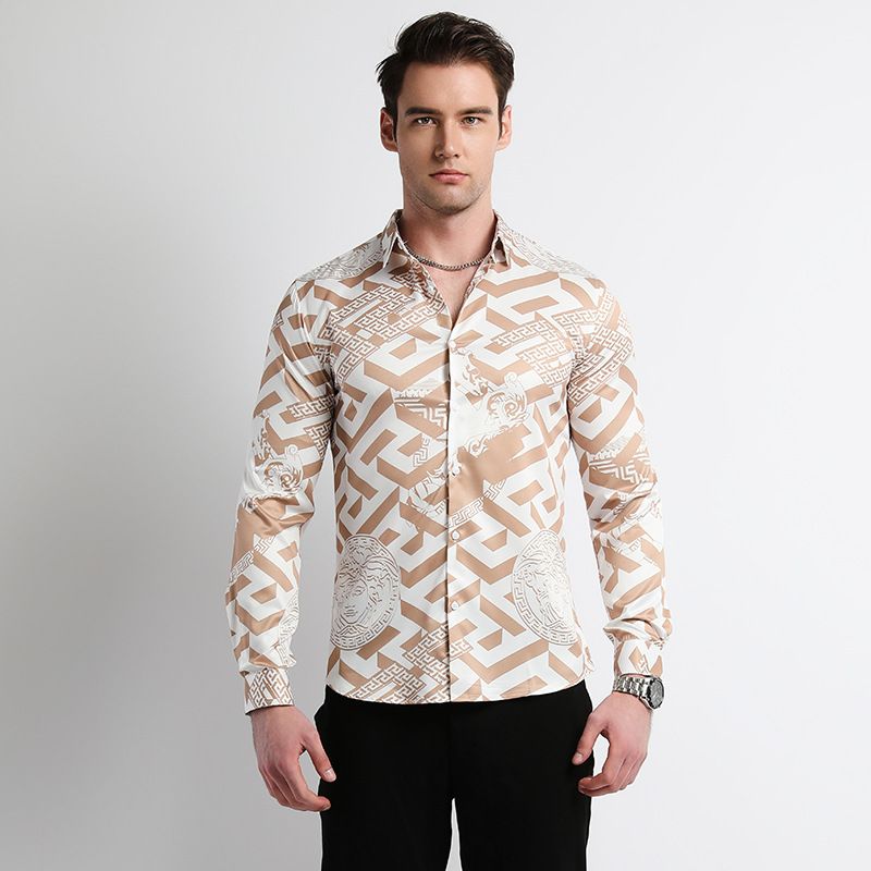 Men Design Shirt ,Collar Long Sleeve Oversize Office Luxury Floral Flannel Vintage Printed Gym Shirt Men,Plus Size Men's Shirts