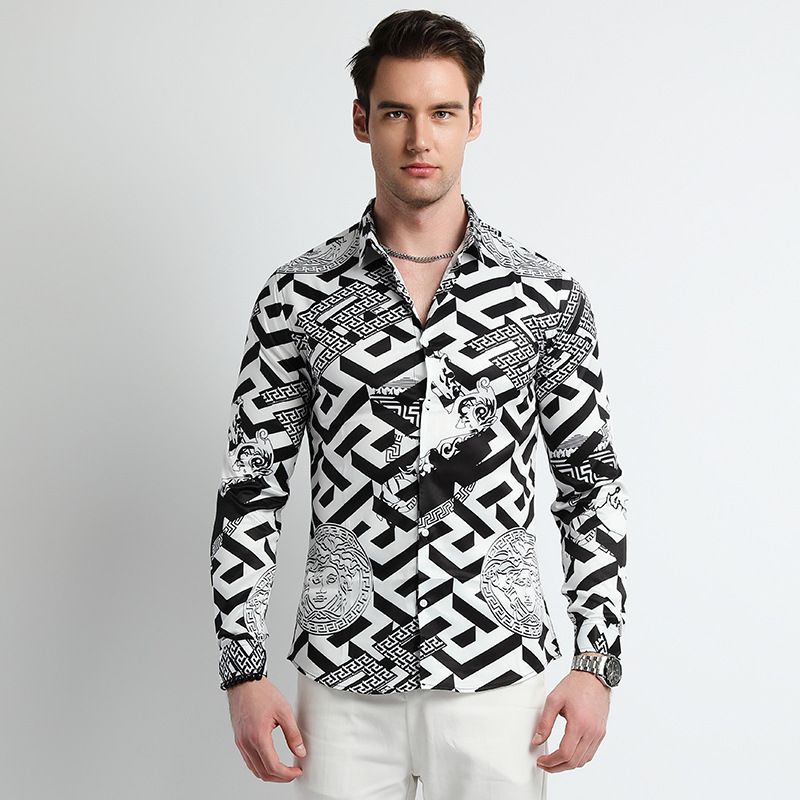 Men Design Shirt ,Collar Long Sleeve Oversize Office Luxury Floral Flannel Vintage Printed Gym Shirt Men,Plus Size Men's Shirts