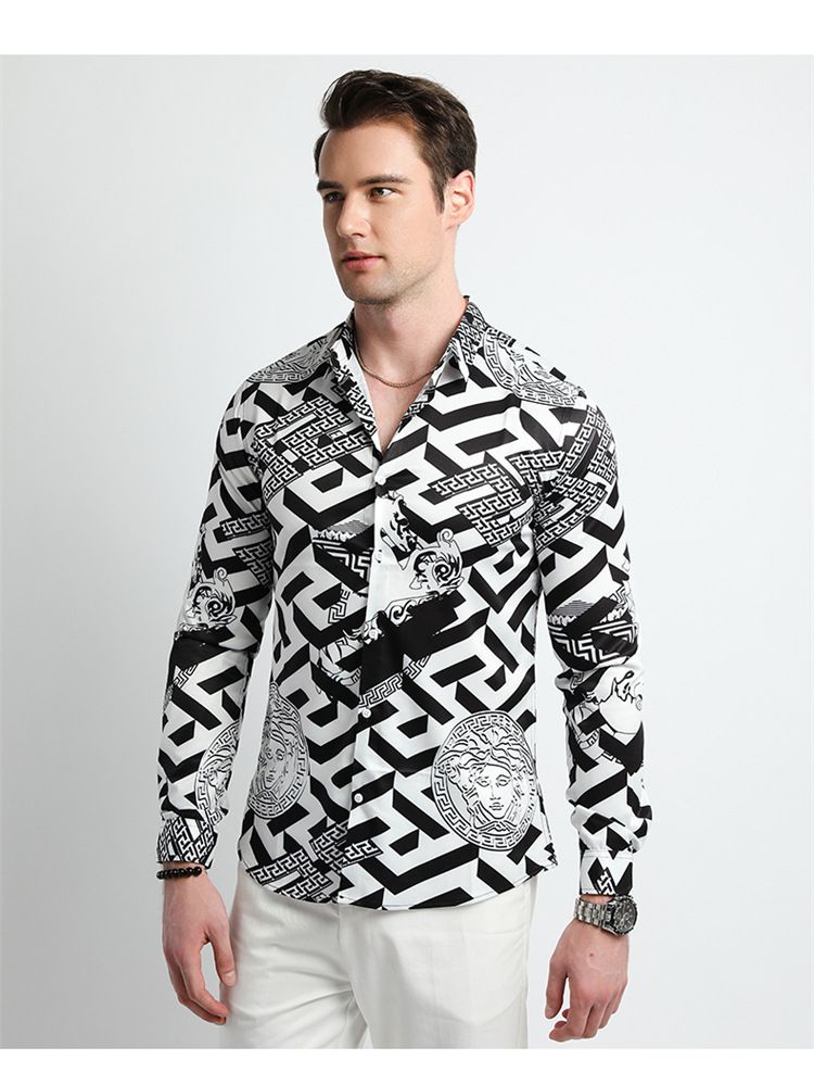 Men Design Shirt ,Collar Long Sleeve Oversize Office Luxury Floral Flannel Vintage Printed Gym Shirt Men,Plus Size Men's Shirts