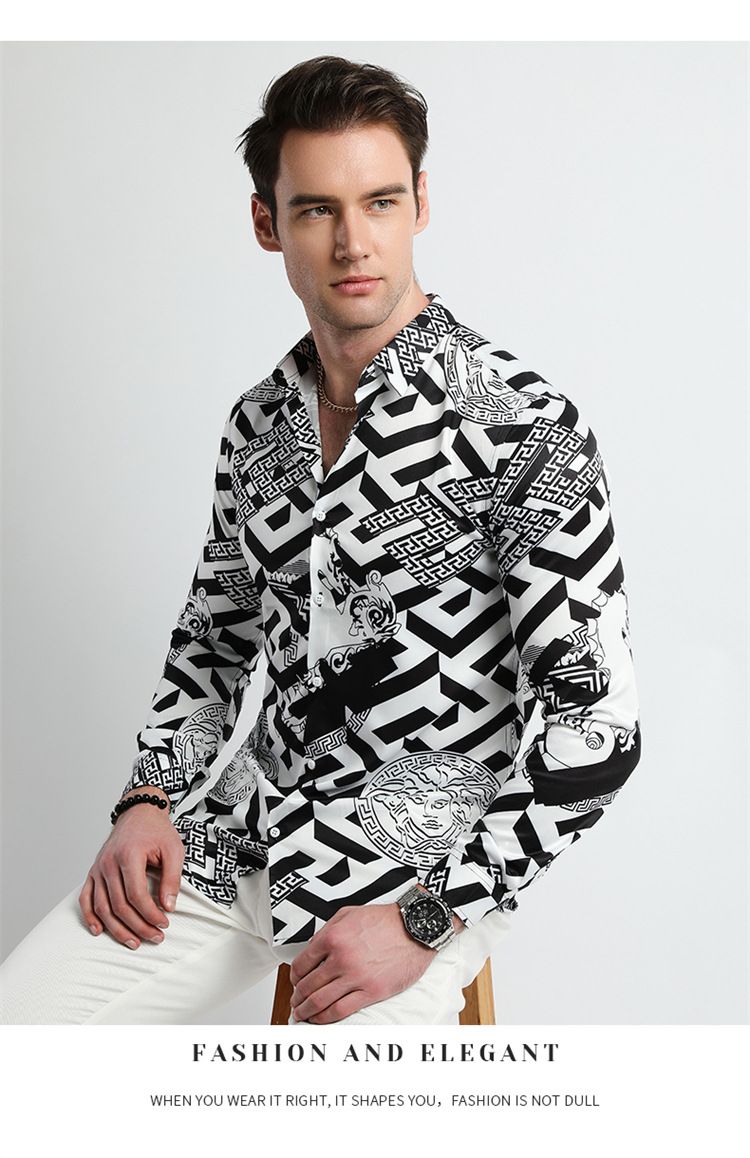 Men Design Shirt ,Collar Long Sleeve Oversize Office Luxury Floral Flannel Vintage Printed Gym Shirt Men,Plus Size Men's Shirts