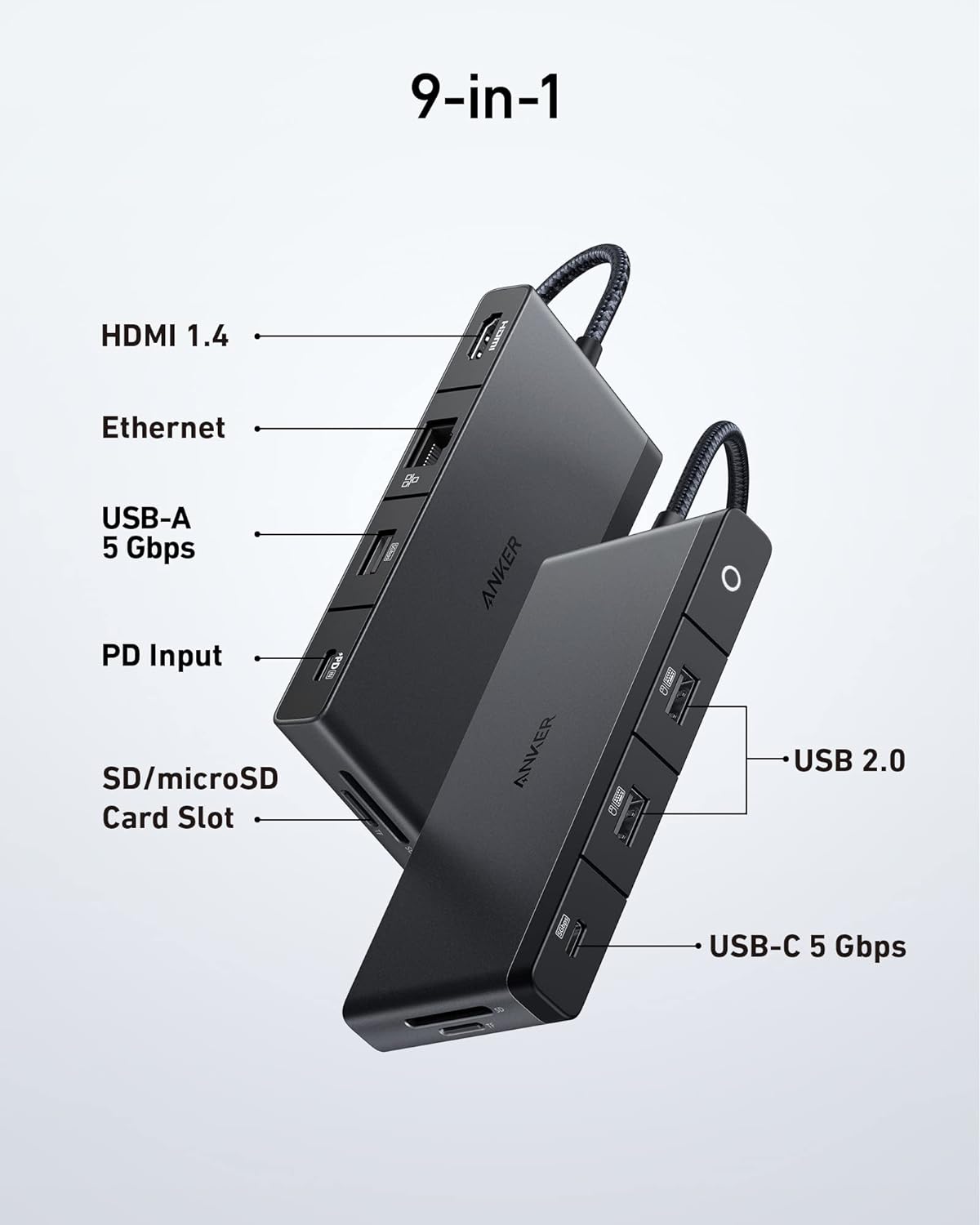 Anker 552 USB-C Hub (9-in-1, 4K HDMI) with 100W Power Delivery, 4K HDMI @ 30Hz, 4 USB-C and USB-A Data Ports, Ethernet and SD/MicroSD Card Slots for MacBook Laptops, HP