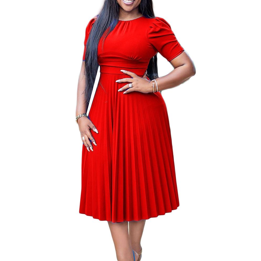 2024 New Hot-selling Women's Dress Short Sleeve Pleated Solid Color Plus Size for Summer