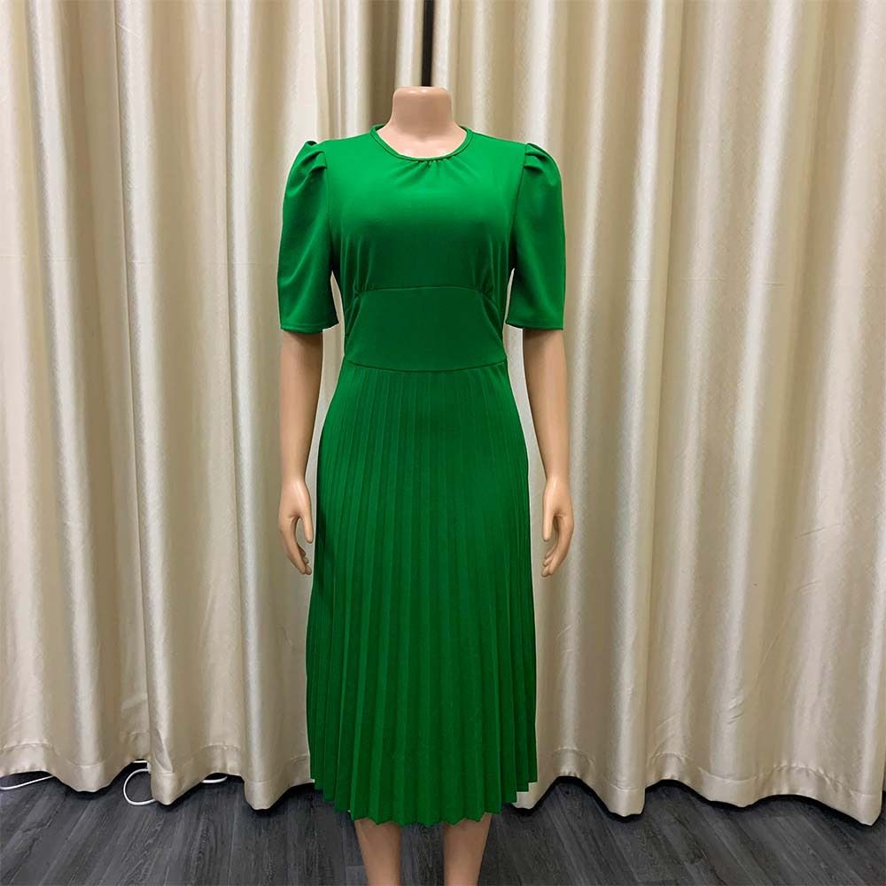 2024 New Hot-selling Women's Dress Short Sleeve Pleated Solid Color Plus Size for Summer