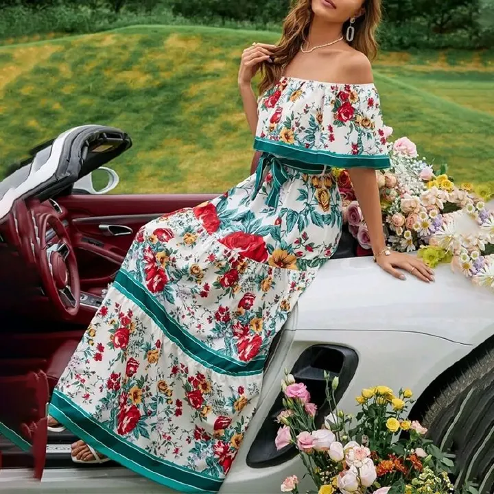 New Line Shoulder Printed Big Swing Dress Line Shoulder Long Summer Thin Umbrella Skirt Long Pattern Casual Skirt for Women
