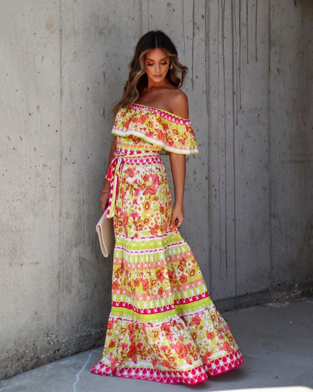 New Line Shoulder Printed Big Swing Dress Line Shoulder Long Summer Thin Umbrella Skirt Long Pattern Casual Skirt for Women