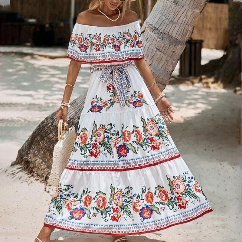 New Line Shoulder Printed Big Swing Dress Line Shoulder Long Summer Thin Umbrella Skirt Long Pattern Casual Skirt for Women
