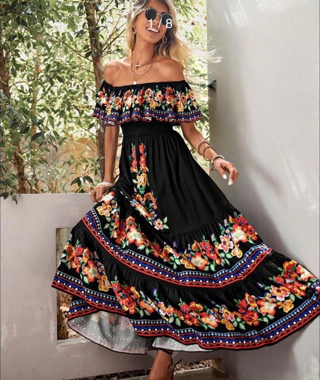New Line Shoulder Printed Big Swing Dress Line Shoulder Long Summer Thin Umbrella Skirt Long Pattern Casual Skirt for Women