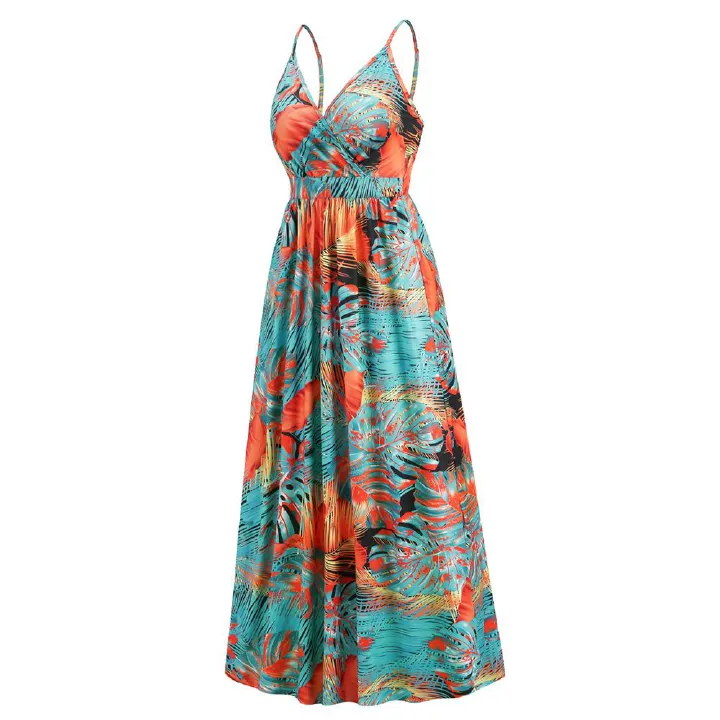 2024 Women's New Boho Print Maxi Dress Amazon Sexy V-neck Halters Dress