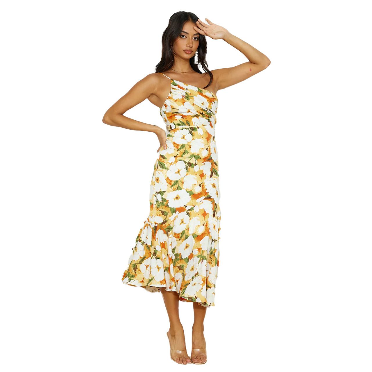 2024 Hot Laids New Fashion Temperament Diagonal Collar Sling Fishtail Print Dress for Summer