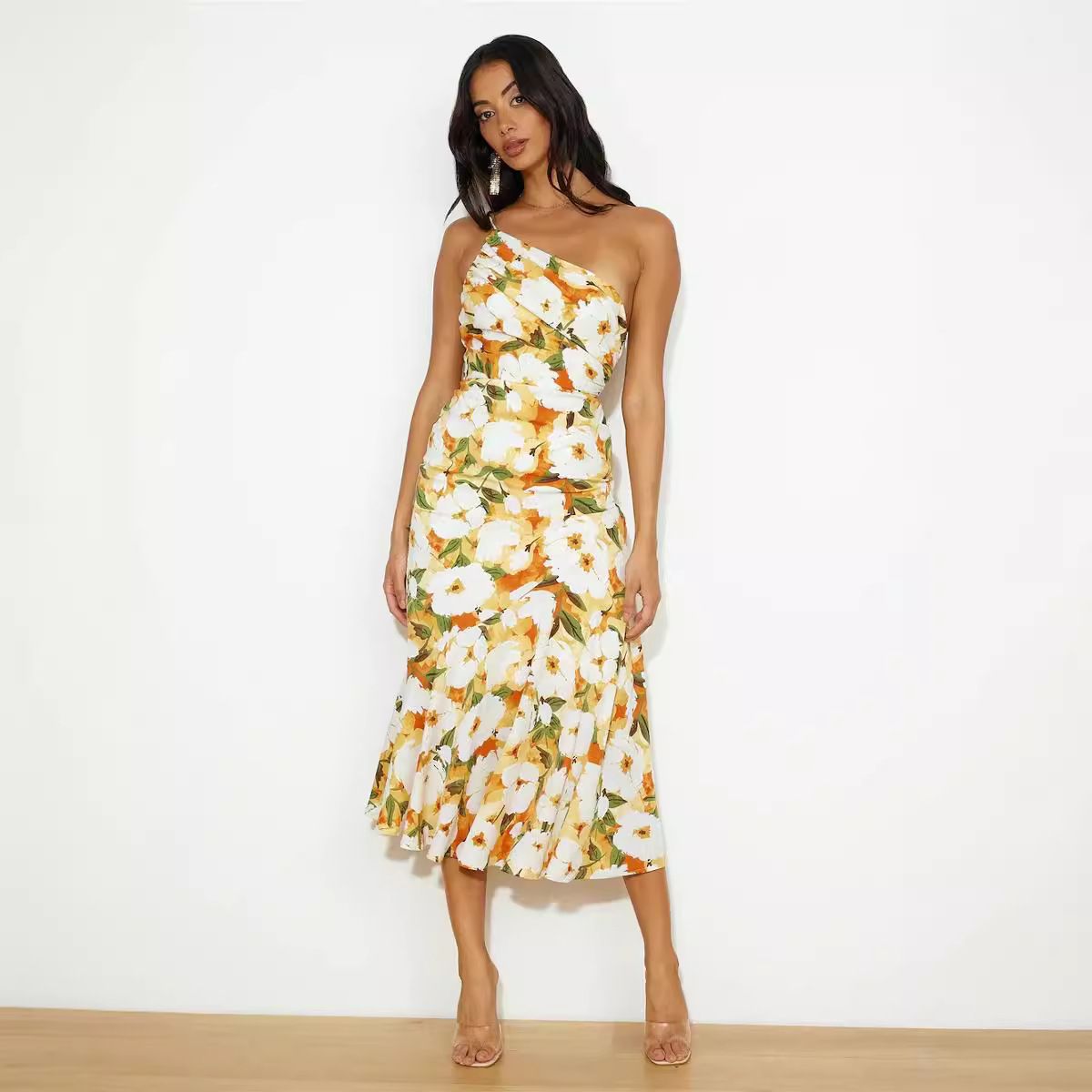 2024 Hot Laids New Fashion Temperament Diagonal Collar Sling Fishtail Print Dress for Summer