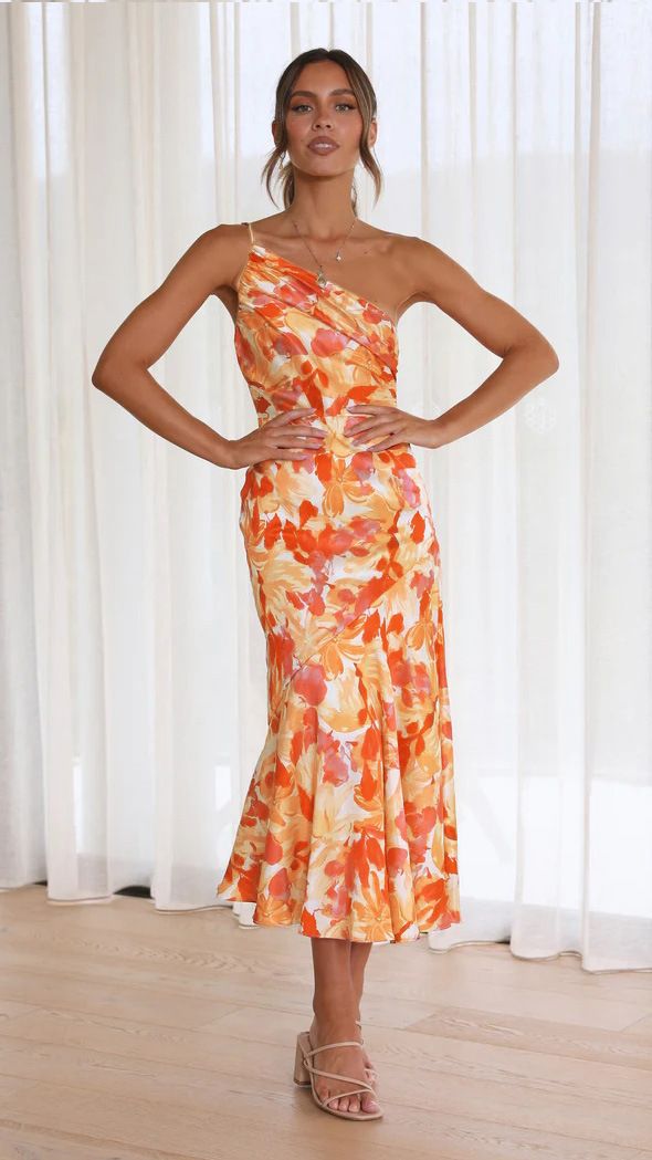 2024 Hot Laids New Fashion Temperament Diagonal Collar Sling Fishtail Print Dress for Summer