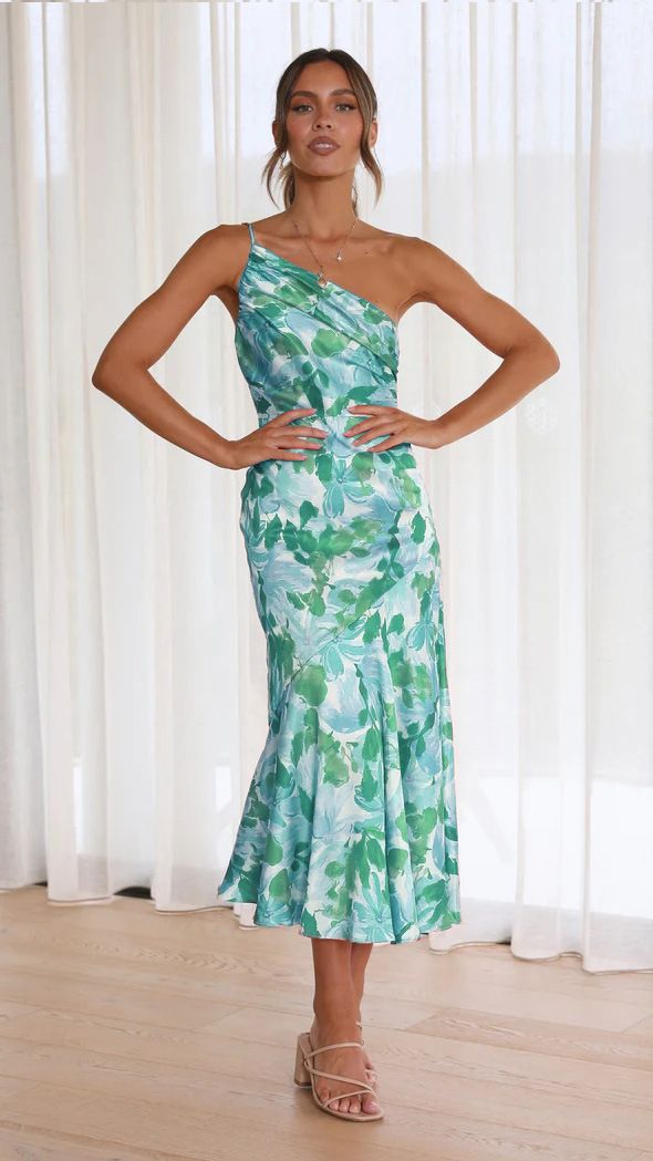 2024 Hot Laids New Fashion Temperament Diagonal Collar Sling Fishtail Print Dress for Summer