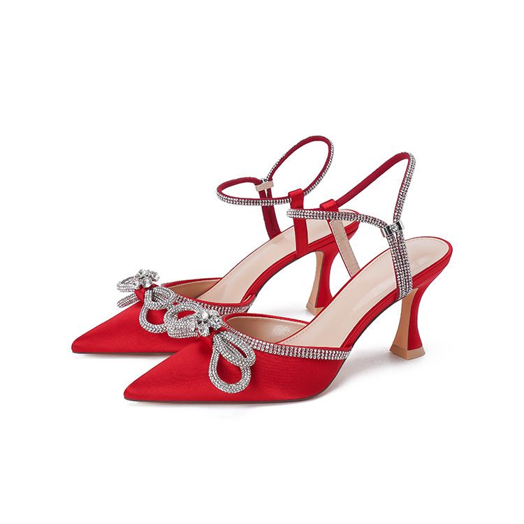 2024 New Fashion Female Sandals Pointed Rhinestone High Heels Wedding Banquet with Baotou Summer