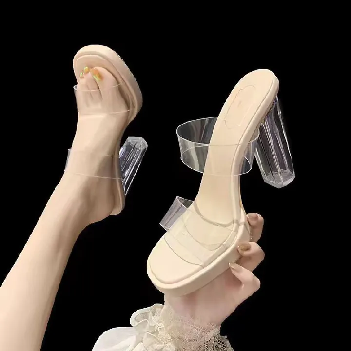 Summer New Line with Outside to Wear Fashion Crystal Slippers, Small High-End Sense of Sandals, High-Heeled Slippers for Women