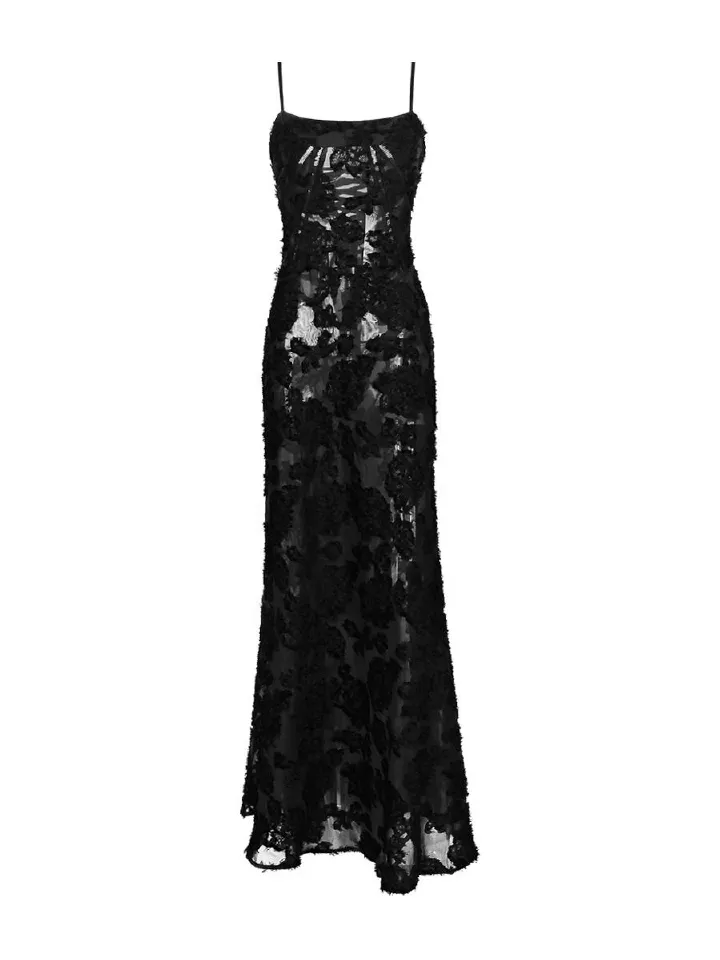 New Style Halenders Dress Long Dress Black Perspective Sexy Back Summer