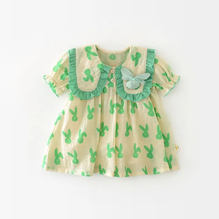 Girls Summer Dress Baby Sweet Wind Cartoon Bunny Thin Skirt Little Girl Cute Short Sleeve Skirt