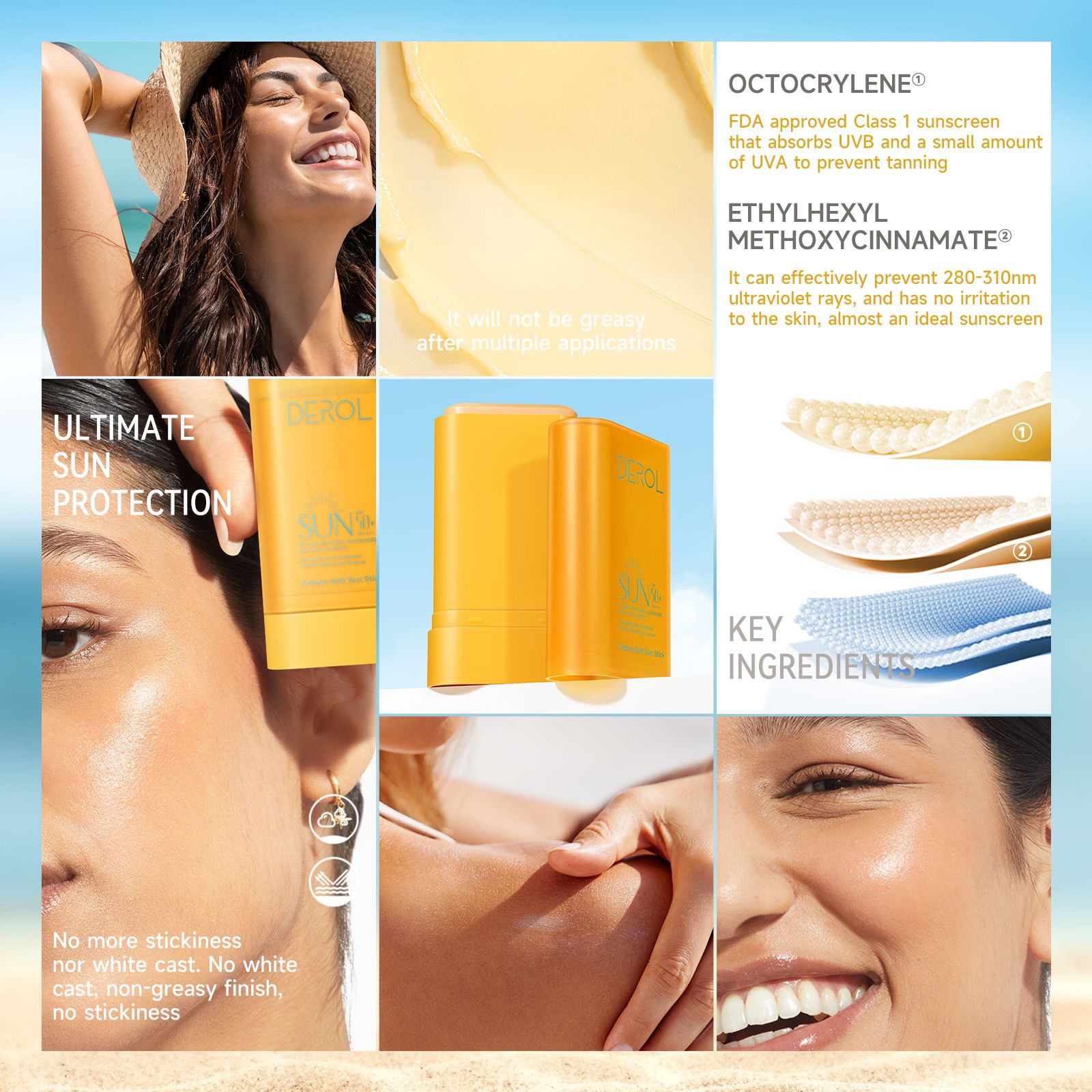 16G Cotton Soft Skin Care Sunscreen and Aftersun Sun Stick with SPF50+ PA++++ effortlessly smooth Sun care Universal sunscreen sticks European and American best-selling sunscreen