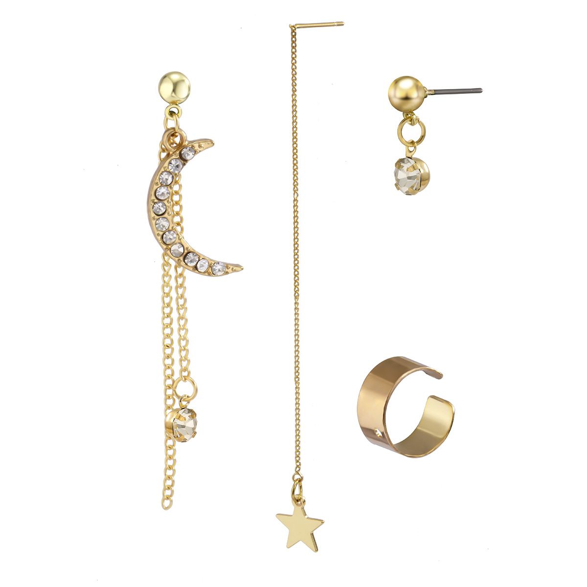 4PCS/set full diamond star&moon tassel set earrings mix and match geometric chain earrings for women European and American cross-border jewelry