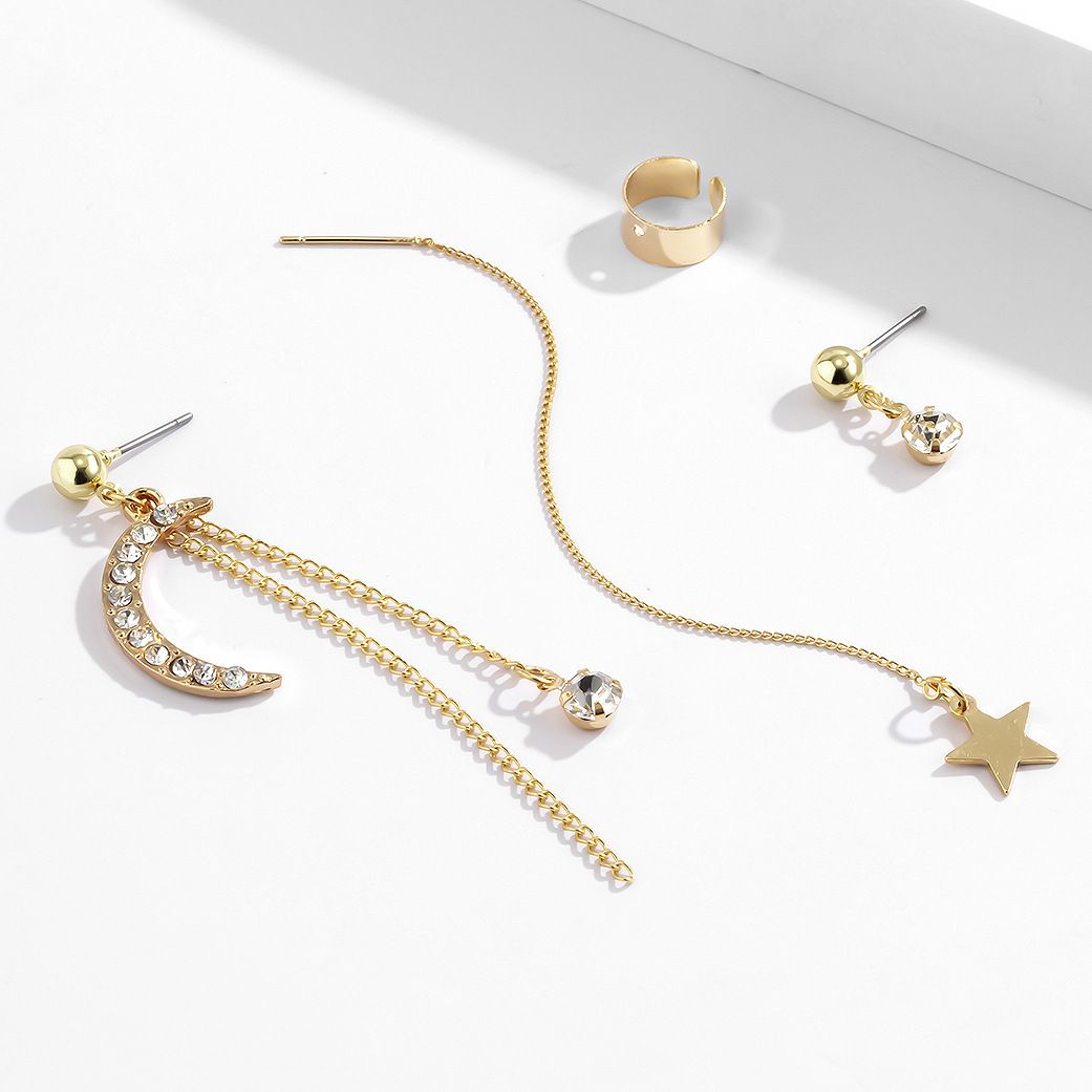 4PCS/set full diamond star&moon tassel set earrings mix and match geometric chain earrings for women European and American cross-border jewelry