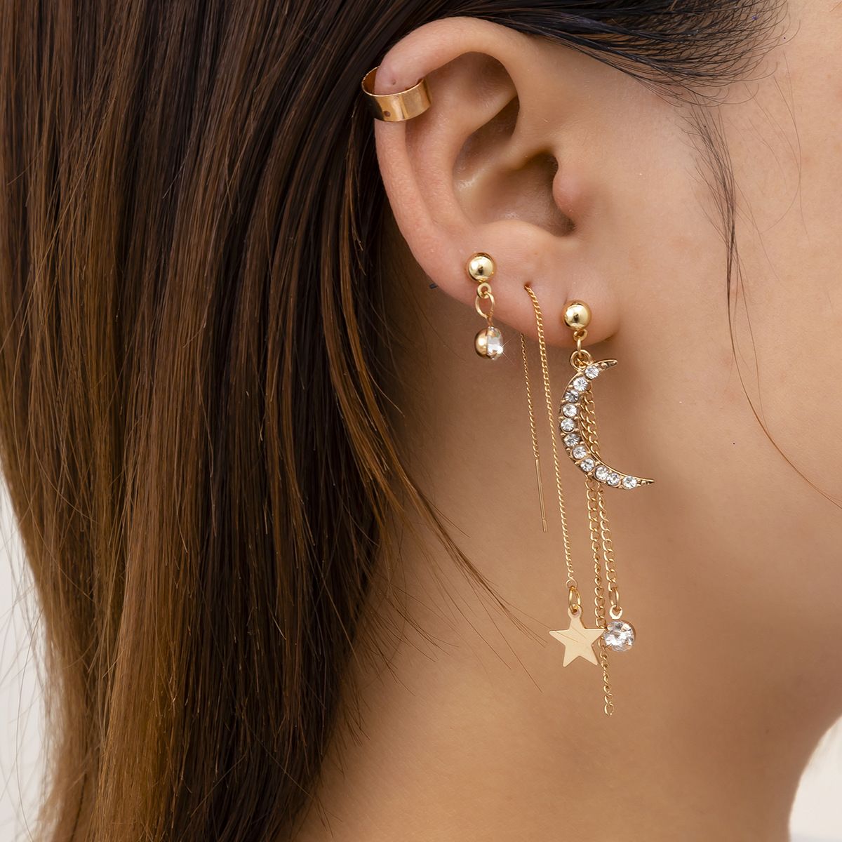 4PCS/set full diamond star&moon tassel set earrings mix and match geometric chain earrings for women European and American cross-border jewelry