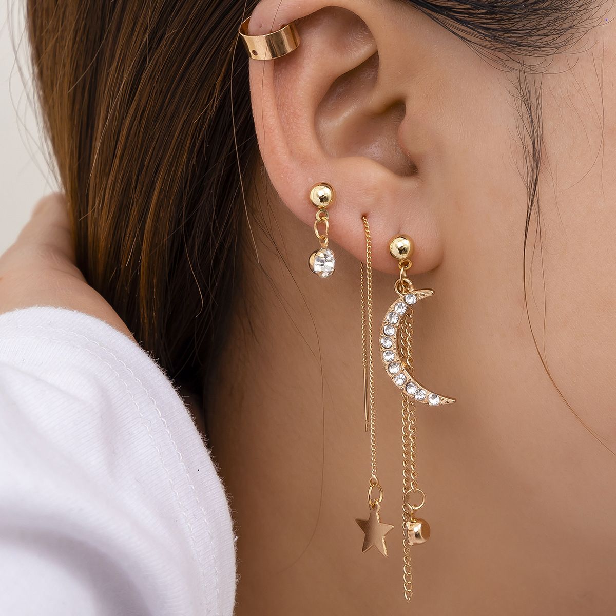 4PCS/set full diamond star&moon tassel set earrings mix and match geometric chain earrings for women European and American cross-border jewelry