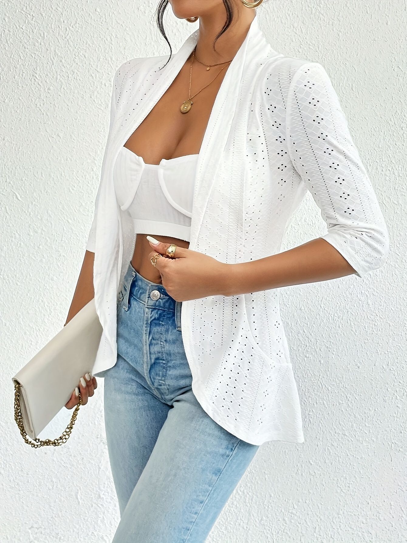 Elegant Open Front Solid Cardigan Eyelet Three-quarter Sleeve Cardigan Spring Fall Women's Clothing Coat