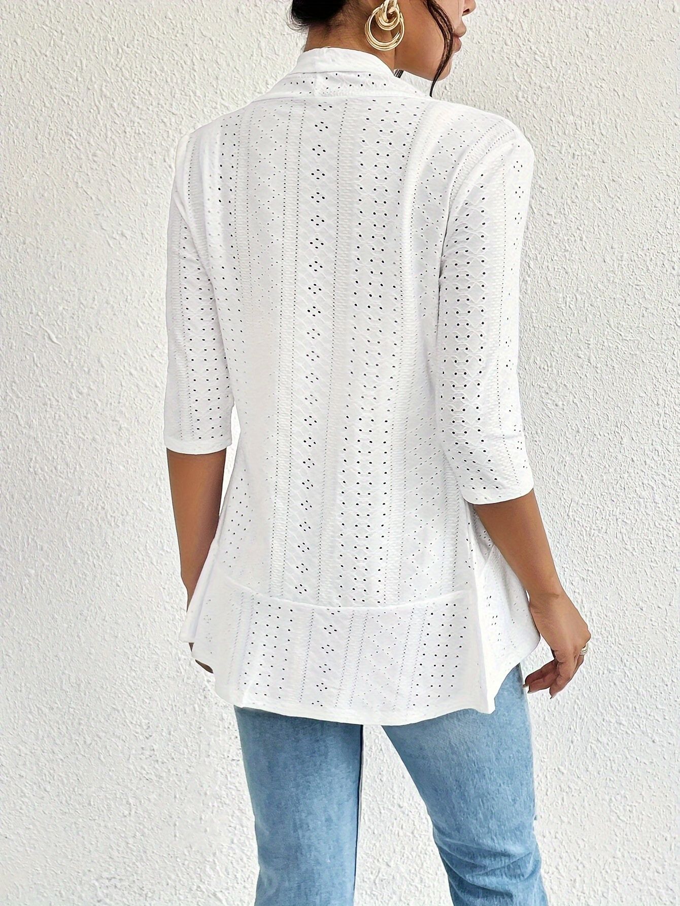 Elegant Open Front Solid Cardigan Eyelet Three-quarter Sleeve Cardigan Spring Fall Women's Clothing Coat