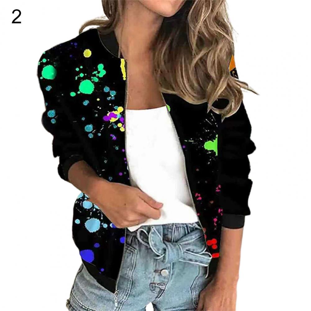 Graffiti Print Bomber Jacket Casual Zip Up Long Sleeve Outerwear Women's Floral Autumn Zipper Print Coat
